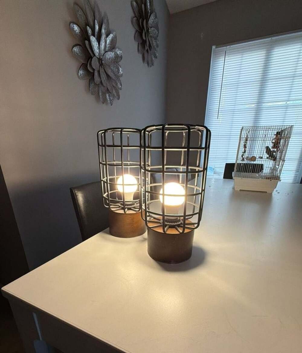Industrial Metal Cage Table Lamps Set of 2 Wood Base Black 16 Inch